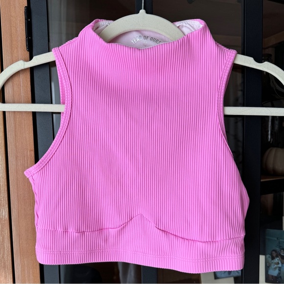 Year of ours ribbed tank crop top workout sports bra barbie pink high mock neck - Picture 1 of 5